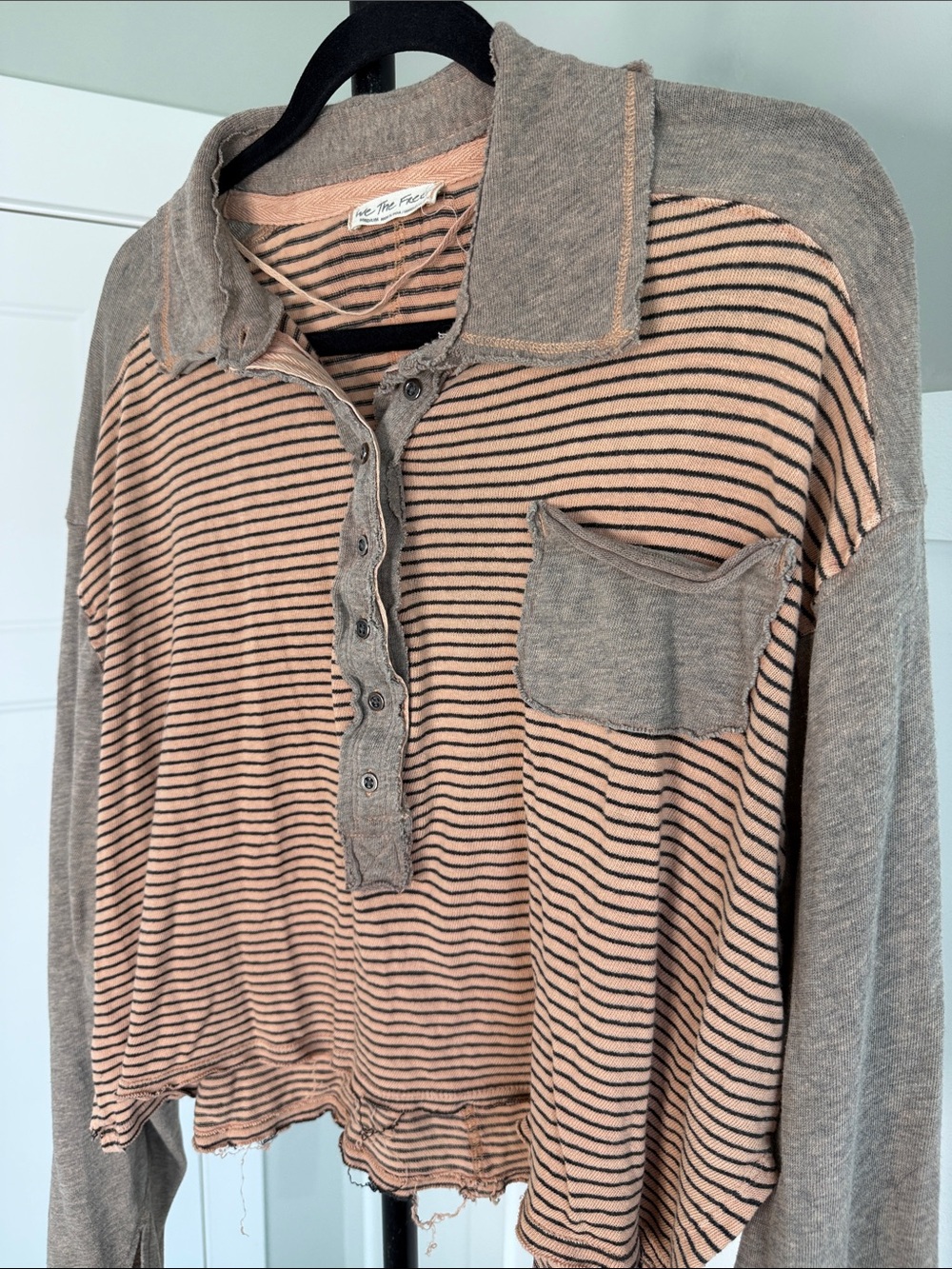 We The Free Peach and Taupe Striped Cropped Polo